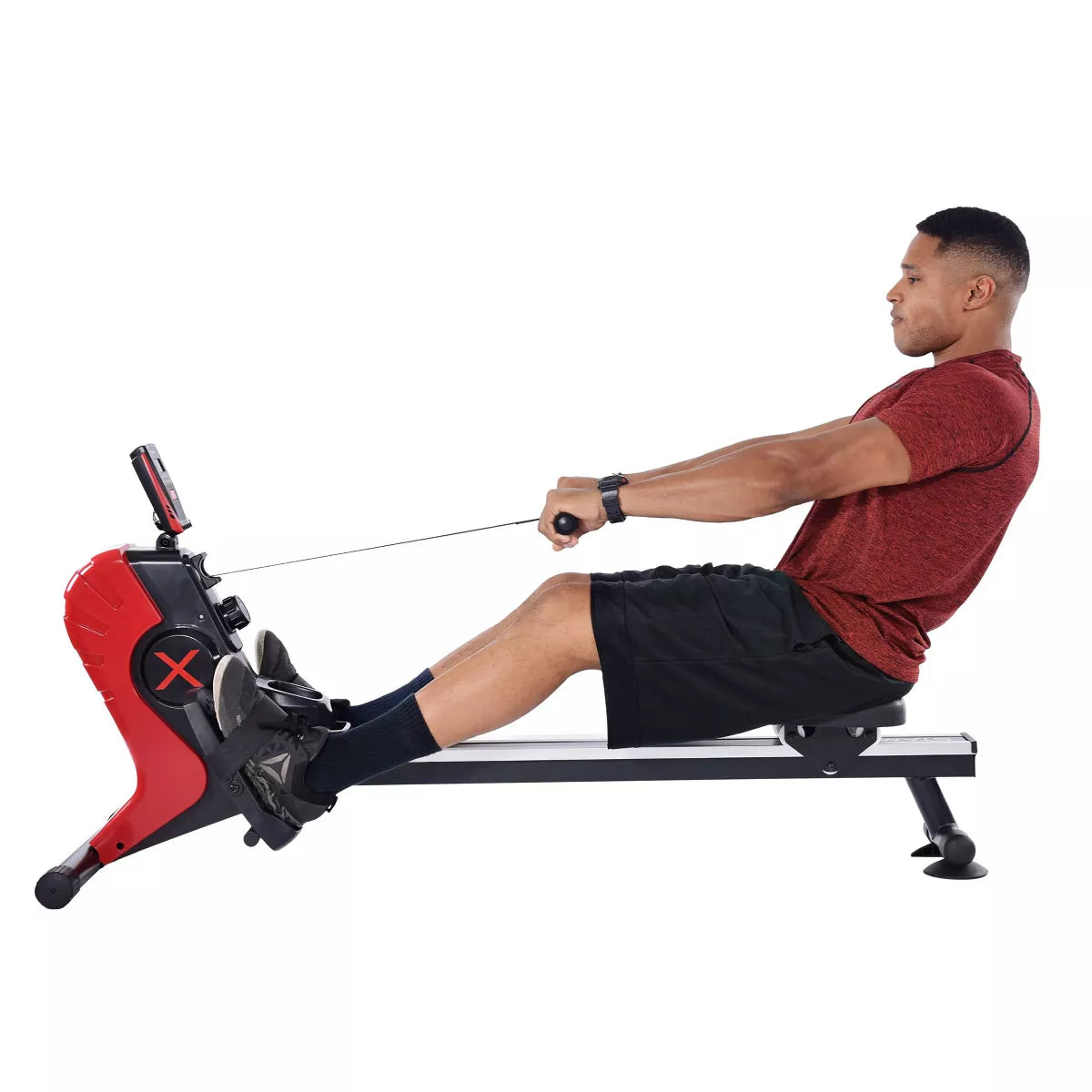 Stamina Products Magnetic Home Indoor Compact Rowing Machine Rower with Built in Wheels, LCD Monitor, Bottle Holder, and Smart Workout App, Black/Red