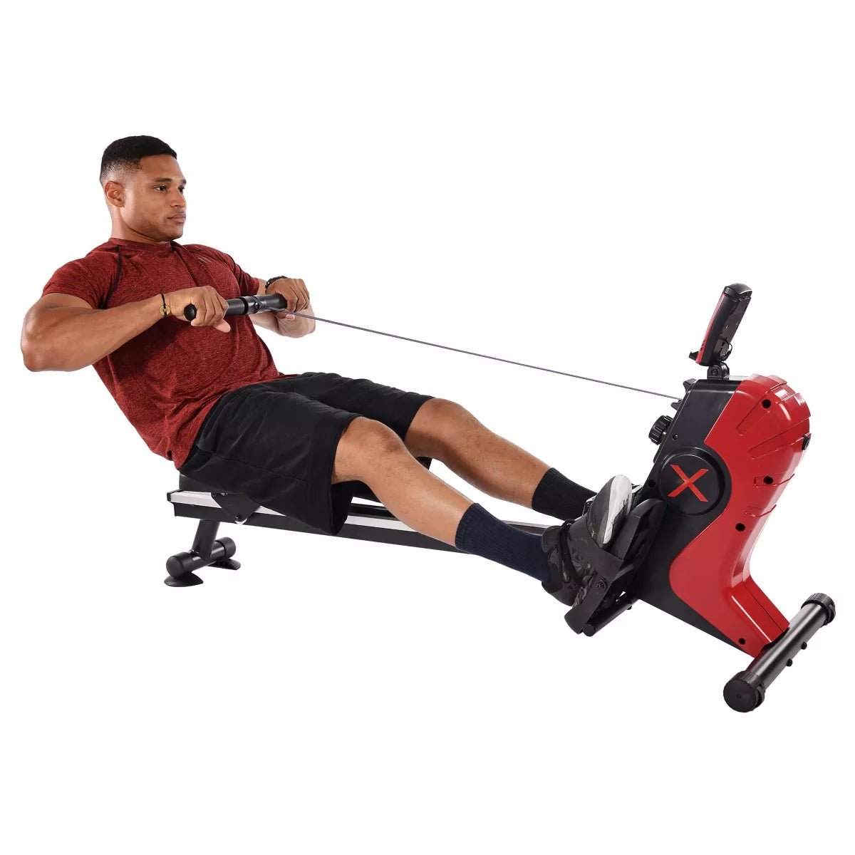Stamina Products Magnetic Home Indoor Compact Rowing Machine Rower with Built in Wheels, LCD Monitor, Bottle Holder, and Smart Workout App, Black/Red
